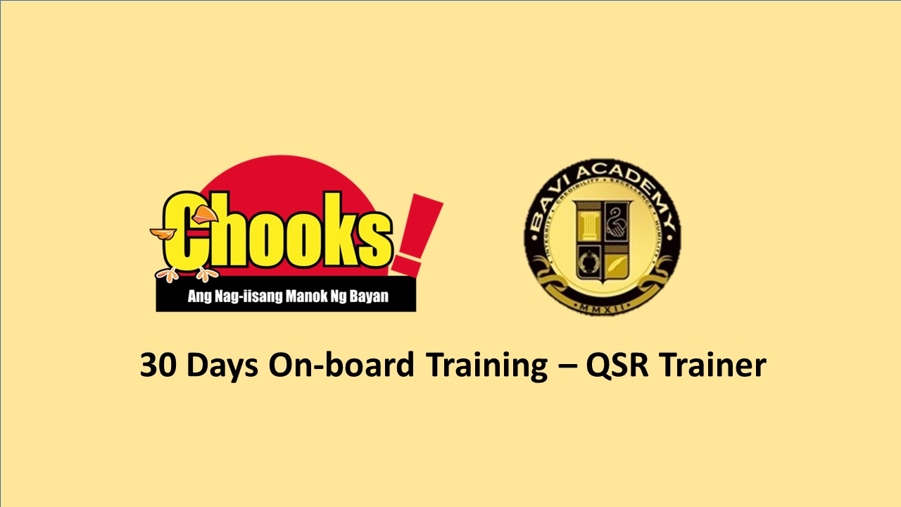 This course will be the day-to-day guide of newly hired QSR Trainer in completing his 30-Day On-board Training.